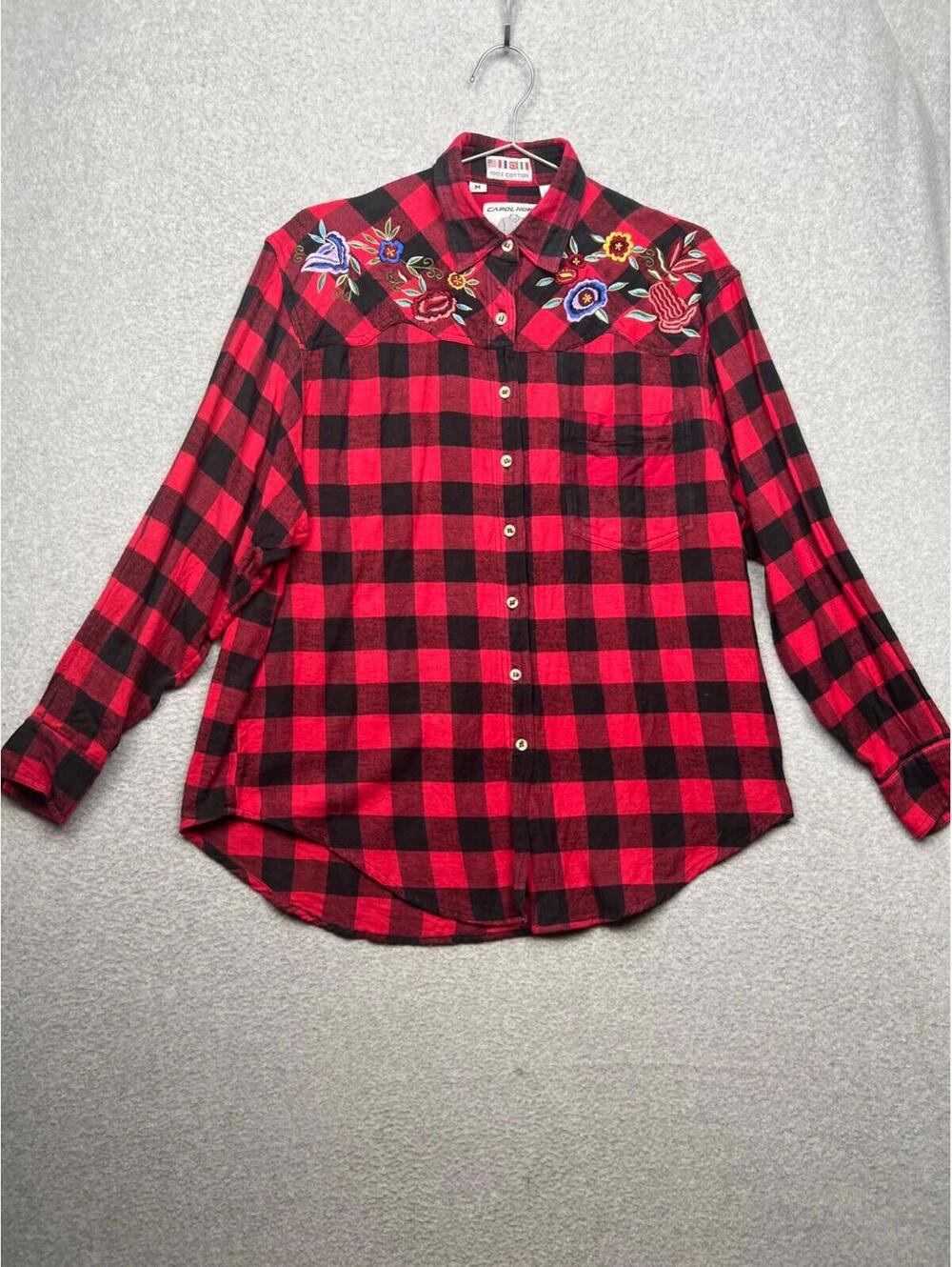 Vintage Carol Horn Flannel Button Up Shirt Womens M Western Plaid Embroidered
